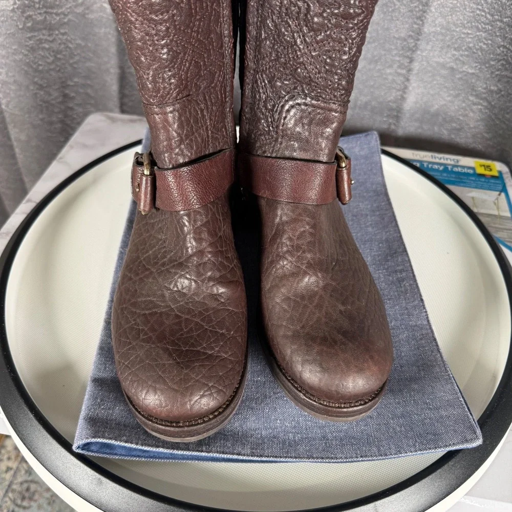 Tory Burch Chrystie Moto Boots 6.5M Brown Pebbled Leather Buckle Zip Lug Sole